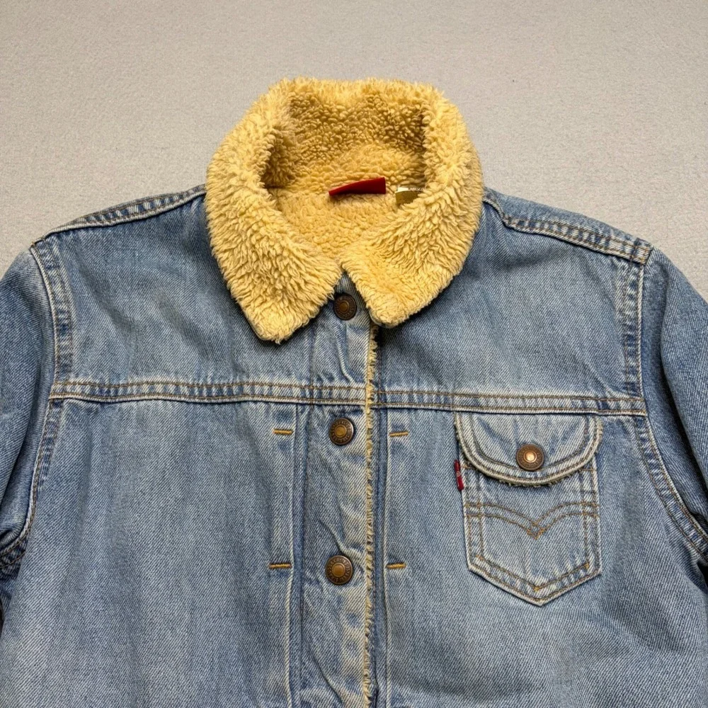 Levi's‎ Denim Trucker Jacket Kids Junior Medium Blue Sherpa Lined Y2K Vintage